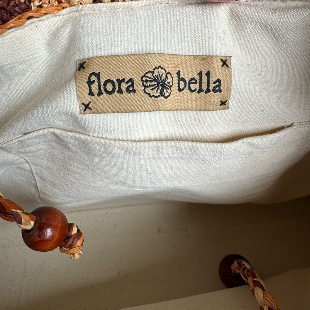 Flora Bella Anthropologie Raffia Leather Strap Shoulder Bag Detailed Pom Poms - Picture 12 of 12